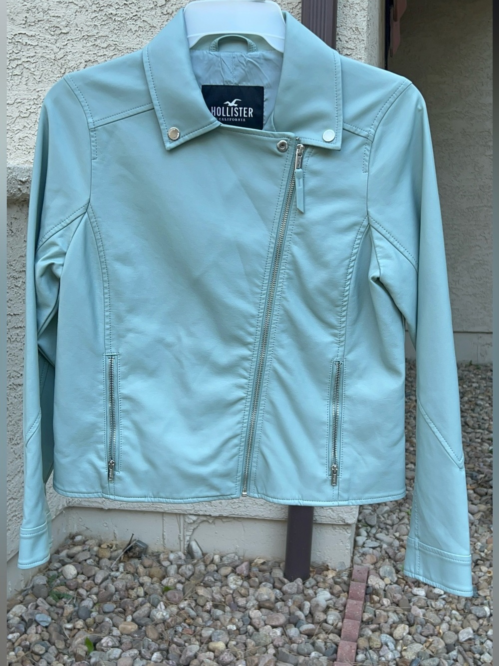 Hollister Blue Faux Leather Moto Jacket L Asymmetrical Zip Notched Collar Vegan - Picture 7 of 7